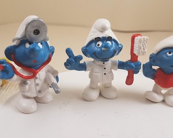 Vintage Schleich doctor smurf,dentist smurf with toothbrush, slouchy smurf, Peyo Figurine