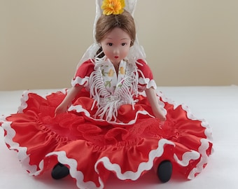 Vintage doll collectible folklore doll from Spain red dress porcelain