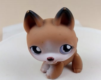 May include: A small brown and white plastic toy dog with blue eyes. The dog is sitting on a white surface.