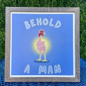 Behold! chicken, digital, original, art, print, phrase, philosophy, wall art, illustration, poster, diogenes, plato, dorm, decor, blue