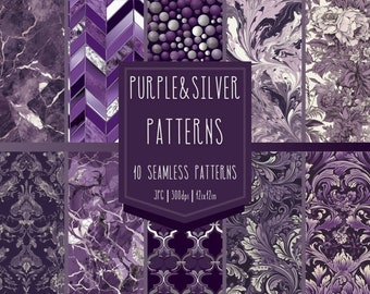 Patrones morados y plateados, patrones digitales, patrón morado y plateado sin costuras, patrón para imprimir, patrón de descarga instantánea, patrón sin costuras para imprimir