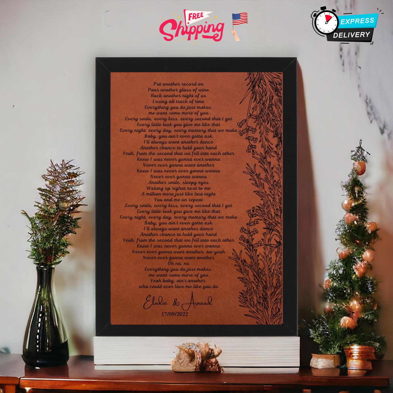 Personalized Leather Song Lyrics Art I Custom Engraved Leather Keepsake, Perfect for  Anniversaries Music Lovers, Leather Anniversary Gifts