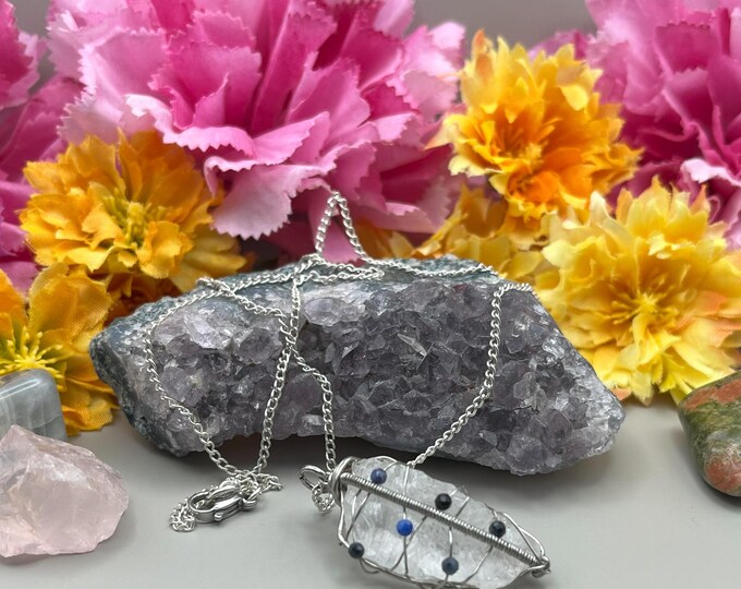 Featured listing image: Wire wrapped clear quartz with sapphire necklace for cleansing