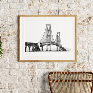 Mackinac Bridge Art Print: Black and White Pen & Ink Drawing