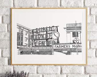 Pike Place Market Art Print: Seattle Pen and Ink Line Drawing