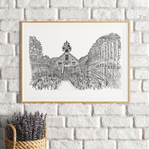 Mission Point Lighthouse Art | Northern Michigan Art | Old Mission Peninsula Art | Great Lakes State Art | Original Line Drawing