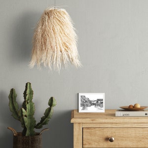 May include: A pendant light made of natural fibres hangs above a wooden bedside table. A framed black and white street scene and a cactus in a woven basket are also visible. The light fixture has a shaggy, fringed appearance.