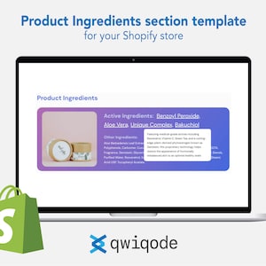 Seção pré-construída personalizável do Shopify: modelo de seção de ingredientes do produto para o seu tema do Shopify