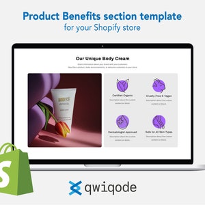 Seção pré-construída personalizável do Shopify: modelo de seção de benefícios do produto para o seu tema do Shopify