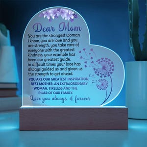 Mom Gift From Child/FamilyHeart Acrylic Plaque W/LED|Acrylic Message Night Light|Acrylic Light Up Sign|Mum Bday|Mother&#39;s Day/Xmas/Presents