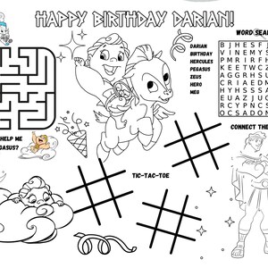 Peut inclure: Feuille d'activit&eacute; en noir et blanc avec le texte "HAPPY BIRTHDAY DARIAN!" et divers jeux. Comprend un labyrinthe, une recherche de mots, relier les points et tic-tac-toe. Comprend des illustrations de P&eacute;gase et d'Hercule.