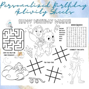 Peut inclure: Une feuille d'activit&eacute;s d'anniversaire personnalis&eacute;e en noir et blanc avec un labyrinthe, une recherche de mots, un jeu de points &agrave; relier et un morpion. La feuille comprend le texte "Happy Birthday Darian !" et des illustrations de P&eacute;gase et d'Hercule.
