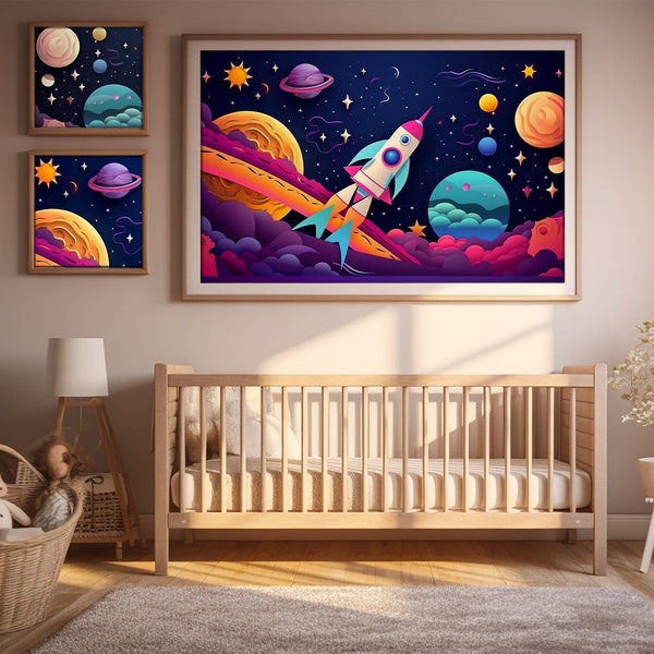 Nursery Space Wall Art, Launch Imagination, No Limits, Playful Possibilities, Children Art, Colorful Galactic Canvas Print, Fun, Vibrant Art