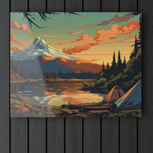 May include: A scenic landscape painting featuring a mountain range with a snow-capped peak, a lake, and two tents set up on the shore. The sky is a vibrant orange and pink, with clouds and stars. The painting is in a vintage style, with a muted color palette.