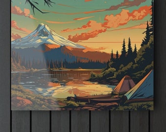 PNW Beauty Illustration Rare Acrylic Glass Print, Mt. Hood Golden Hour  Sunset, m Mountain Lake, Camping Outdoor, Unique Gift for Him & Her