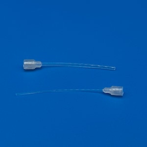 May include: Two clear, plastic syringe tips with a small, bulbous end and a long, thin tube. The tips are positioned against a solid blue background. The syringe tips are likely for dispensing liquids.