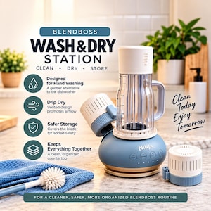 May include: A Ninja BlendBoss Wash & Dry Station featuring a blue base with control buttons, a clear blender cup, and two white vented covers. The text reads BlendBoss Wash & Dry Station, Clean Dry Store, Designed for Hand Washing, Drip Dry, Safer Storage, Keeps Everything Together, Clean Today Enjoy Tomorrow, and For a cleaner, safer, more organized BlendBoss routine.