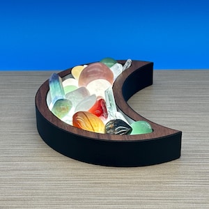 Crescent Moon Tray - Showcase Your Gems, Healing Stones & Treasures - 6" Wooden Crystal Display Tray, Crystal Holder Stones Display, Walnut