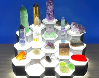 Illuminated Crystal Display Stand 18 Pedestals - Crystals, Tumbled Stones, Dice & Collectibles LED Lit