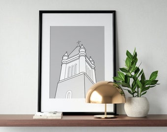 Impresión de arquitectura, arte de construcción, torre de iglesia, arte imprimible, descarga instantánea, arte minimalista, descarga de arte, impresión de arte, arte vectorial, gris