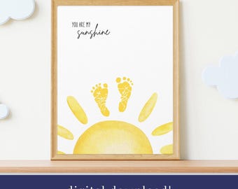印刷可能な「You Are My Sunshine」ベビーフットプリント記念品、かわいい額入り保育園の壁アート、ボヘミアン風の太陽をテーマにした保育園、新米ママへのギフト、屋外保育園
