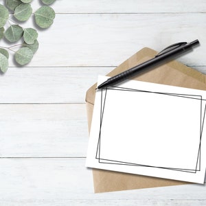 Notecard afdrukbaar bureau stationair, zwart-wit moderne notitiekaart, eenvoudig bedankkaartje, minimale wenskaart met geometrische rand