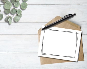 Notecard printable desk stationary, black and white modern note card, simple thank you card, minimal greeting card with geometric border