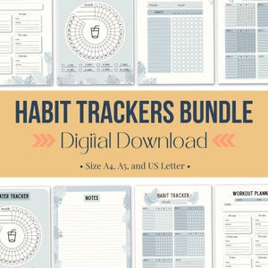 Könnte beinhalten: Ein digitales Download-Bundle mit Gewohnheitstrackern, einschließlich Wasser-Trackern, Gewohnheitstrackern und Notizseiten. Verfügbar in A4, A5 und US Letter Größen. Der Titel "HABIT TRACKERS BUNDLE" ist angezeigt. Das Design ist hellblau und weiß.