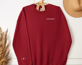 Personalized initial on sleeve sweatshirt, roman numerals sweatshirt valentines gift, heart couples hoodie, wife bday gift, anniversary gift