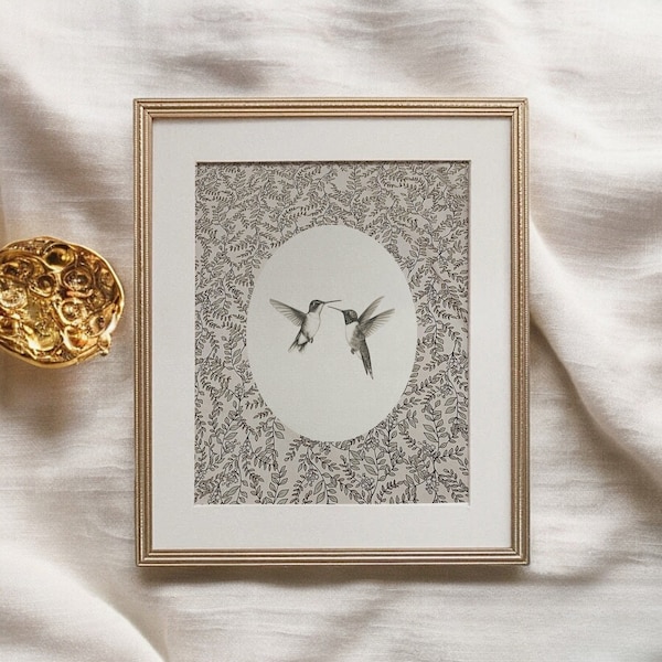 Mailed Print - Birds Nursery PRINTABLE Art, Cottage Nursery Art, Girls Room Decor, Hummingbird Sketch, Minimalist Vintage Look