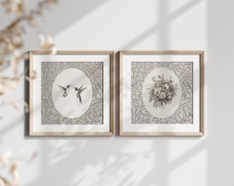 Juego de 2 piezas de decoración de habitación infantil con diseño de cabaña: arte imprimible de pájaros para habitación de niña, boceto de colibrí, diseño floral vintage minimalista.