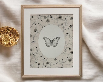 Butterfly Nursery PRINTABLE Art, Cottage Nursery Art, Girls Room Decor, Butterfly Sketch, Digital Download, Minimalist Vintage Look
