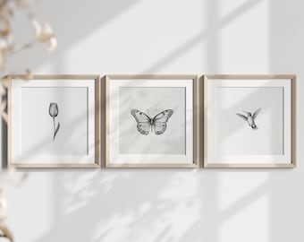 Lámina artística vintage, dibujo de dos colibríes, descarga digital instantánea, conjunto de 2 ilustraciones de pájaros, impresión minimalista en blanco y negro.