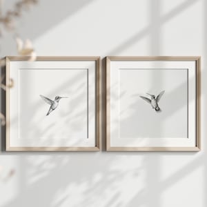 Mailed Prints | Vintage Art Print, Two Hummingbirds Sketch Print,, Set of 2 Birds Artwork, Minimalist Black and White Print
