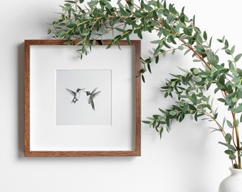 Mailed Prints | Vintage Art Print, Two Hummingbirds Sketch Print,, Hummingbirds Artwork, Minimalist Black and White Print