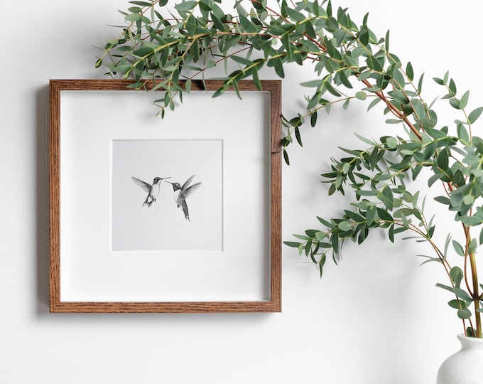 Mailed Prints | Vintage Art Print, Two Hummingbirds Sketch Print,, Hummingbirds Artwork, Minimalist Black and White Print