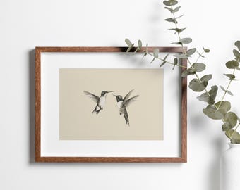 Neutral Birds Nursery PRINTABLE Art, Cottage Nursery Art, Girls Room Decor, Hummingbird Sketch, Digital Download, Minimalist Vintage Look