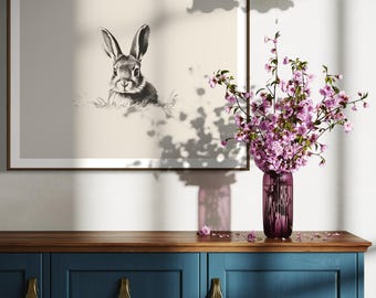 Vintage Bunny Print, Country Farmhouse Printable Wall Art, Antique Rabbit Sketch Drawing, Rustic Decor, Digital Download, Landscape Format