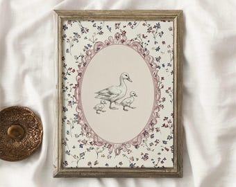 Mama Duck Printable Art, Cottage Nursery Decor, Birds Nursery Print, Girls Room Wall Art, Digital Download, Vintage-Inspired Nursery Print
