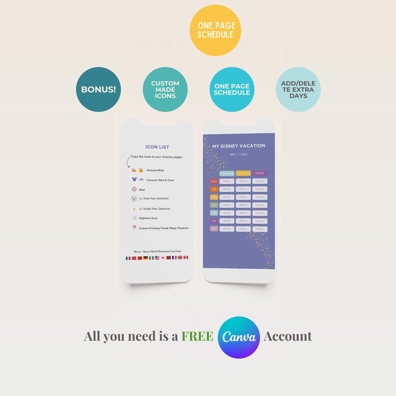 May include: Two smartphone screens displaying a Disney vacation itinerary and icon list. The image includes circular text bubbles with phrases like "Bonus!" and "Custom Made Icons." The text "All you need is a FREE Canva Account" is also visible.