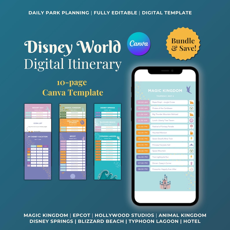 May include: A digital Disney World itinerary template displayed on a smartphone and three colorful planning pages. The template includes sections for Magic Kingdom, Epcot, Hollywood Studios, and more. The image also includes the Canva logo and the text "Bundle & Save!"