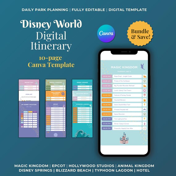 Disney World Itinerary Planner, Orlando Theme Parks, 10-Page Canva Template (Digital Download)