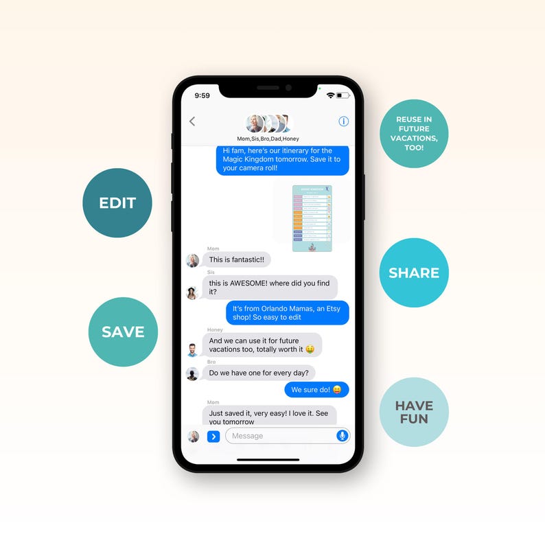 May include: A smartphone screen displays a text message conversation about a Magic Kingdom itinerary. The screen shows the text "It's from Orlando Mamas, an Etsy shop! So easy to edit." with circular buttons labeled "Edit", "Save", "Share", "Have Fun", and "Reuse in future vacations, too!"
