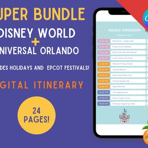 May include: A digital itinerary for a 24-page super bundle of Disney World and Universal Orlando, including holidays and Epcot festivals. The itinerary includes a sample day at Magic Kingdom with a list of attractions and times. The image features a purple background with yellow text and a yellow circle with the number 24 and the text "PAGES!" in the center.