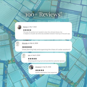 May include: A teal and blue planning sheet with the text "100+ Reviews!" and customer reviews. The reviews are in white boxes with a star rating and customer comments. The planning sheet is for a Disney trip.