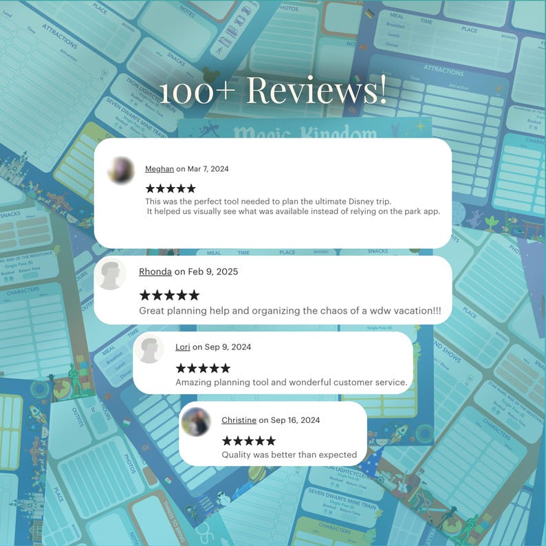 May include: A teal and blue planning sheet with the text "100+ Reviews!" and customer reviews. The reviews are in white boxes with a star rating and customer comments. The planning sheet is for a Disney trip.