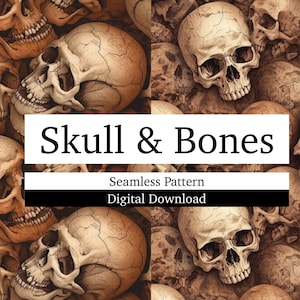Puede incluir: Patrón sin costuras con calaveras humanas repetidas en tonos marrones y beige. El texto "Skull & Bones" se muestra en una pancarta blanca, con "Seamless Pattern" y "Digital Download" debajo.