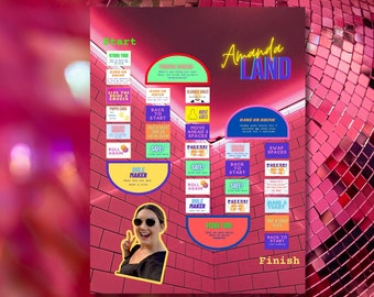 May include: A colorful game board with the title "Amanda Land" and a photo of a woman wearing sunglasses. The game board has a start and finish line and spaces with different instructions like "Roll Again", "Safe", "Freeze", and "Back to Start".