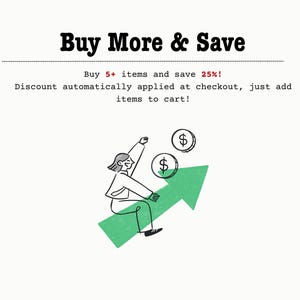 Puede incluir: Imagen con el texto "Buy More & Save". Una persona monta una flecha verde, con s&iacute;mbolos de d&oacute;lar flotando encima. El texto dice que compres 5+ art&iacute;culos y ahorres un 25%.