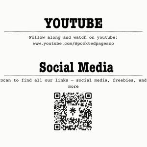 Puede incluir: Gr&aacute;fico crema con la palabra "YOUTUBE" en negrita y letras negras. Debajo, el texto dirige a seguir en YouTube en www.youtube.com/@pocktedpagesco. El gr&aacute;fico tambi&eacute;n incluye "Social Media" y un c&oacute;digo QR.